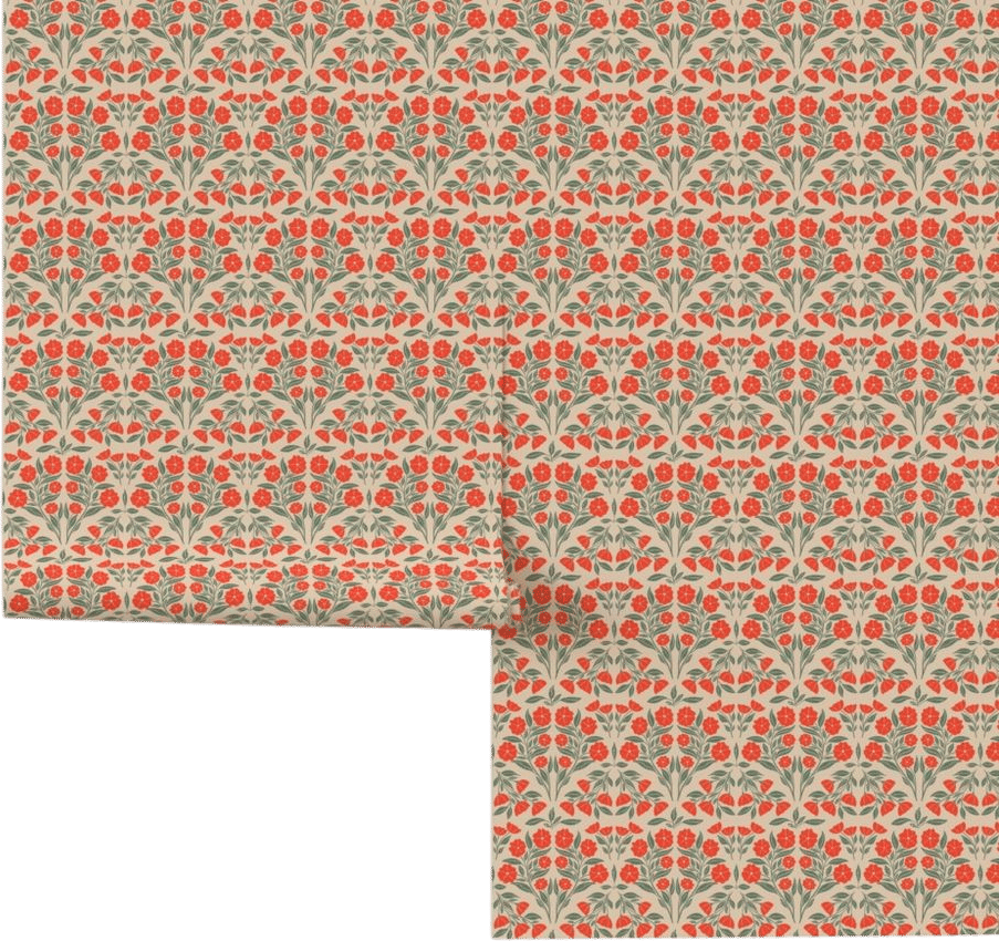 RED FLORAL AND GREEN LEAVES AND STEMS ON A CREAM BACKGROUND Wallpaper | Spoonflower