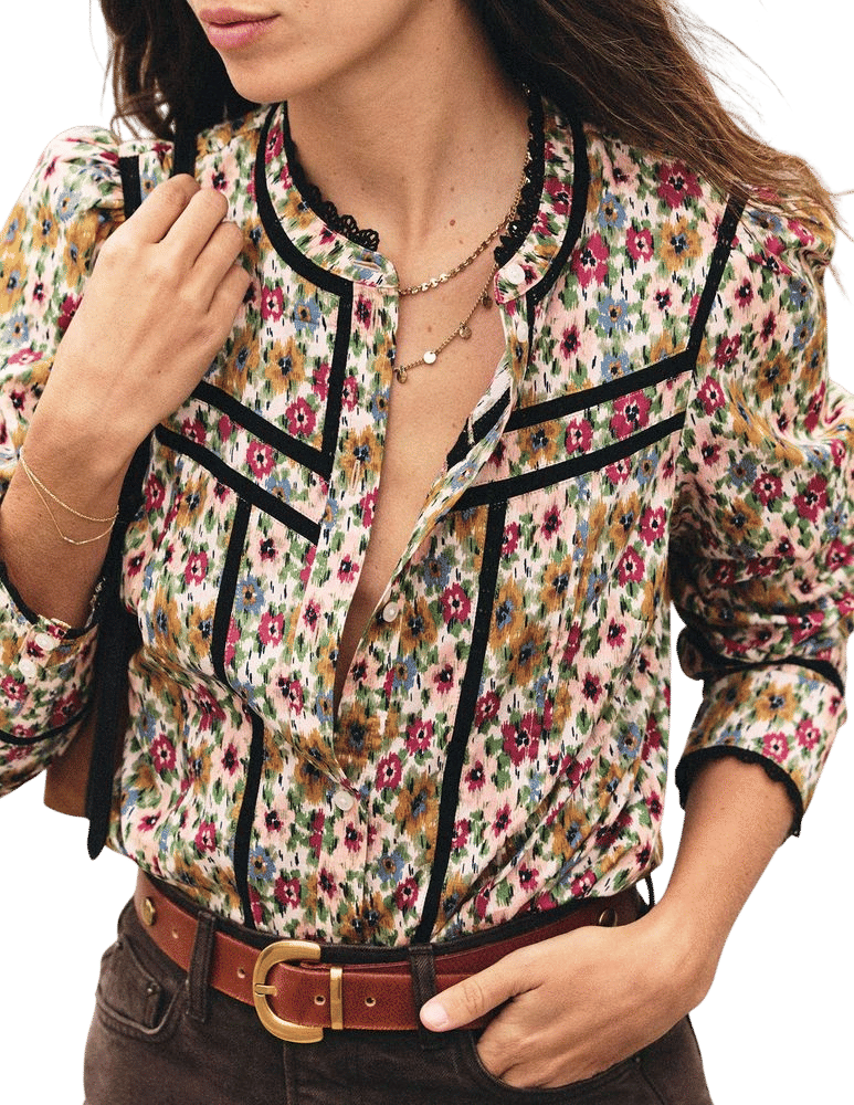 Carmen Lace Trim Cotton Top-Multi, Flecked Garden