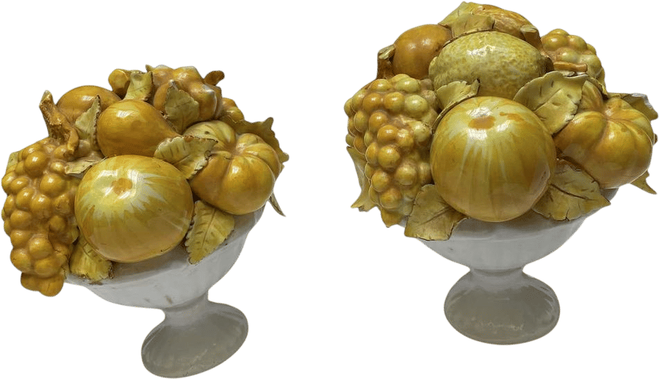 Italian Ceramic Yellow Glaze Fruit White Bowl Majolica Topiary Centerpiece Pair