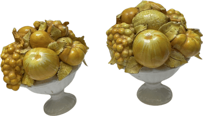 Italian Ceramic Yellow Glaze Fruit White Bowl Majolica Topiary Centerpiece Pair