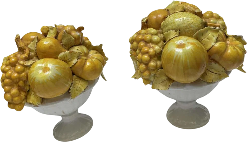 Italian Ceramic Yellow Glaze Fruit White Bowl Majolica Topiary Centerpiece Pair