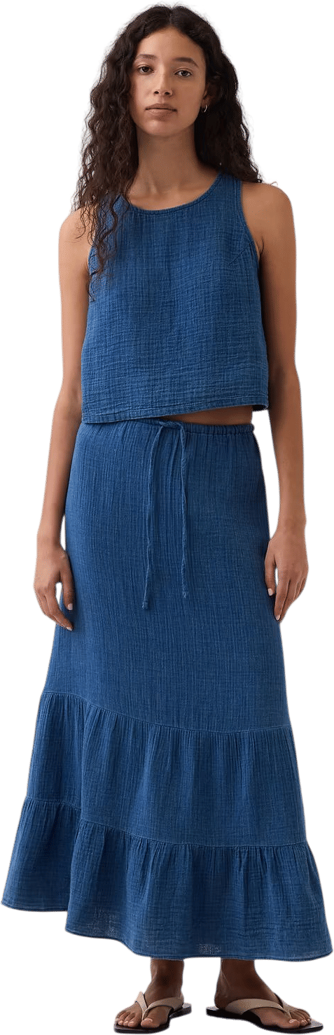 Cotton Gauze Denim Tiered Easy Maxi Skirt