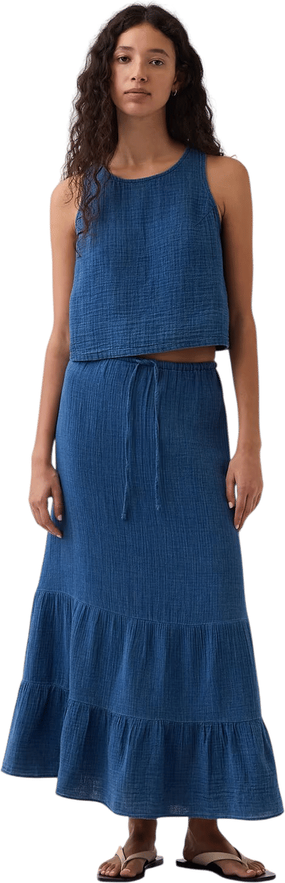 Cotton Gauze Denim Tiered Easy Maxi Skirt