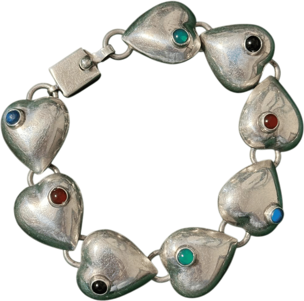 Vintage Silver Heart Gemstone Link Bracelet