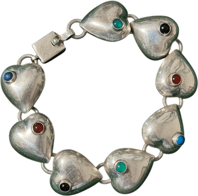 Vintage Silver Heart Gemstone Link Bracelet