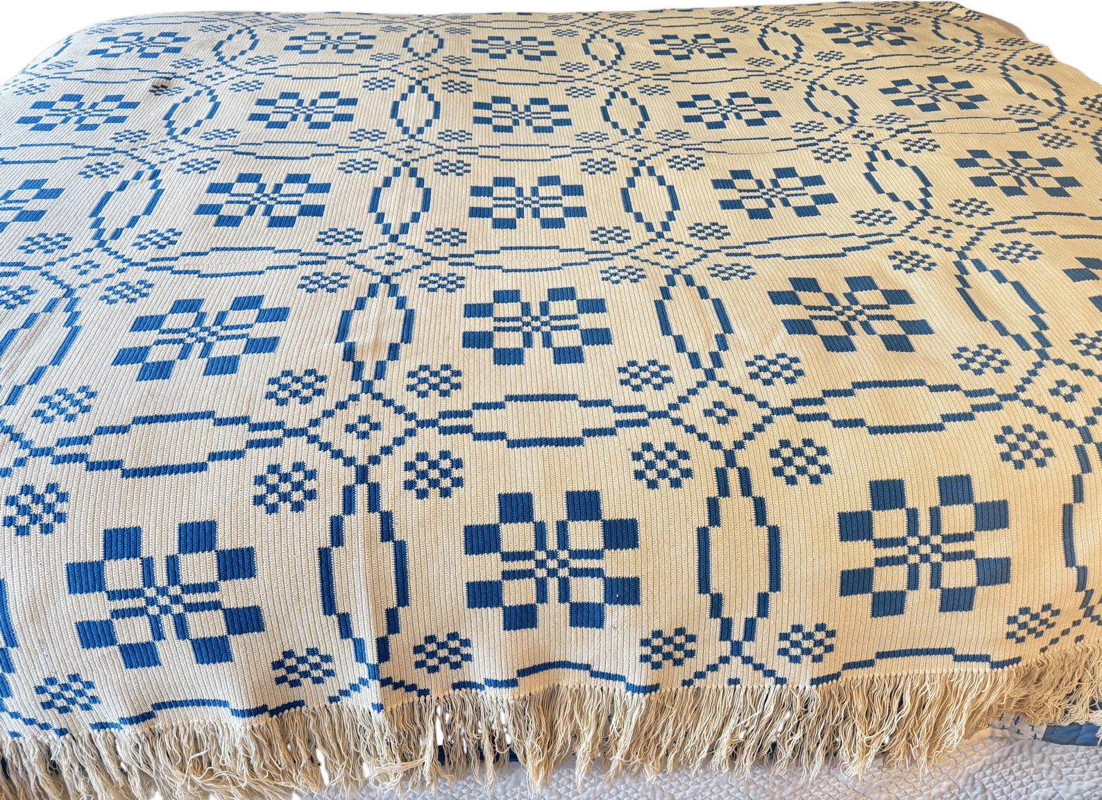 Antique Blue Cream Handmade Loom Work 19th Century Coverlet Original Fringe, Geometric, Pristine RARE