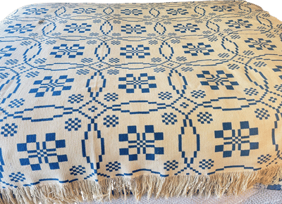 Antique Blue and Cream Handmade Loom Work Coverlet