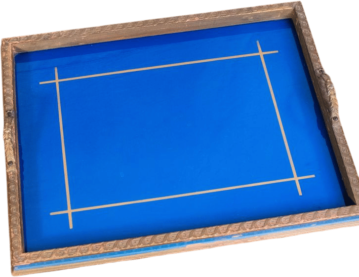 Antique 1920s Blue Reverse Painted Metal Handle Serving Tray