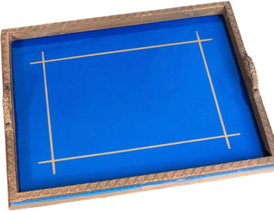 Antique 1920s Blue Reverse Painted Metal Handle Serving Tray