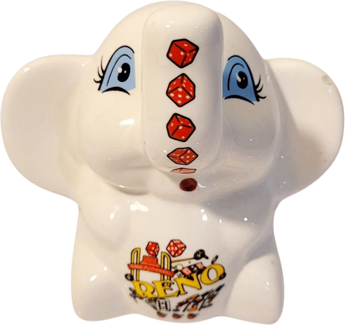 Elephant Piggy Bank Coin Bank Souvenir Reno 4" inch Dice Vintage Ceramic White