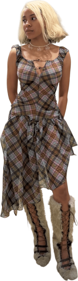 Plaid Puff Chiffon Asymmetrical Dress