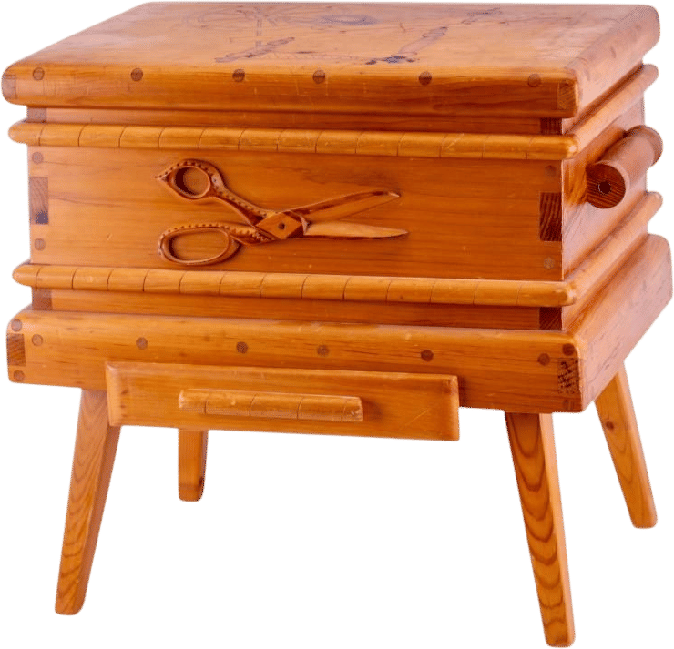 Folk Art Pine Sewing Box on Stand