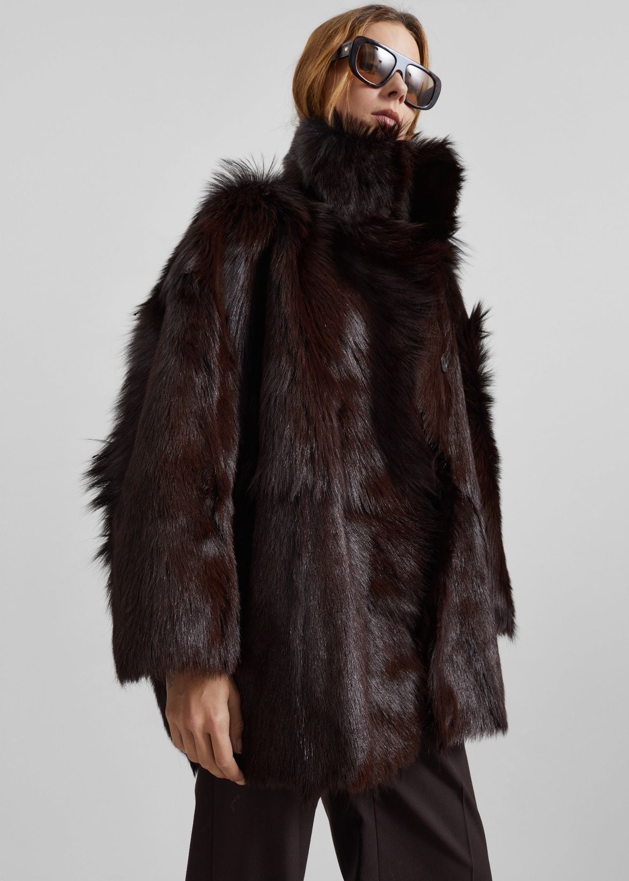 The Frankie Shop Nerola Funnel Neck Goat Fur Coat - Plum