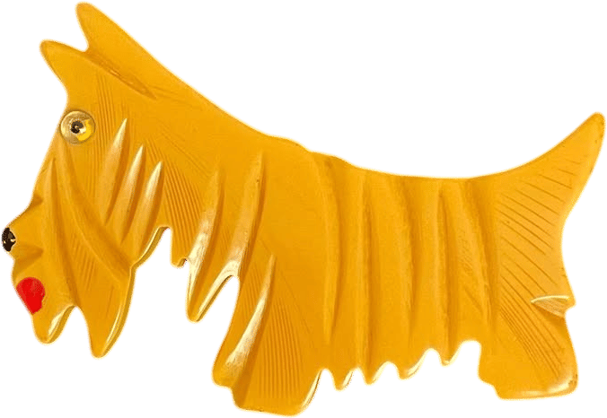 VTG Carved Bakelite Scottie Dog Brooch Pin - Butterscotch Color - 3”L x 1 3/4”H