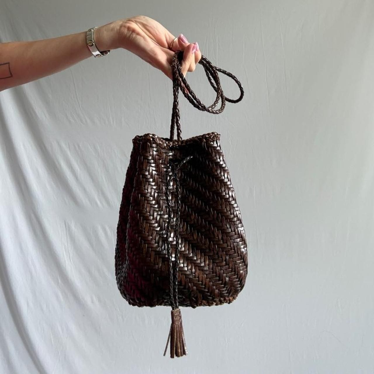 Vintage Genuine Leather Brown Woven Bucket Bag