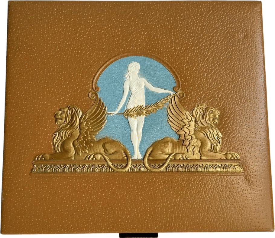Vintage Neoclassical Style Box Roman Woman Winged Lion Leatherette Covered Bakelite Handle