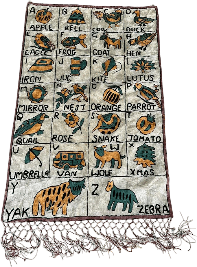 Vintage Kids ABC Suzani Embroidery - Suzni needlepoint Kashmiri Rug, chainstich Silk Embroidery Suzani Wall Hanging - Decor Rug - 2ft x 3ft