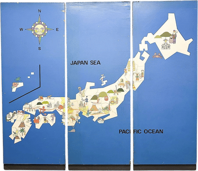 3 Panel Hand Painted Map of Japan