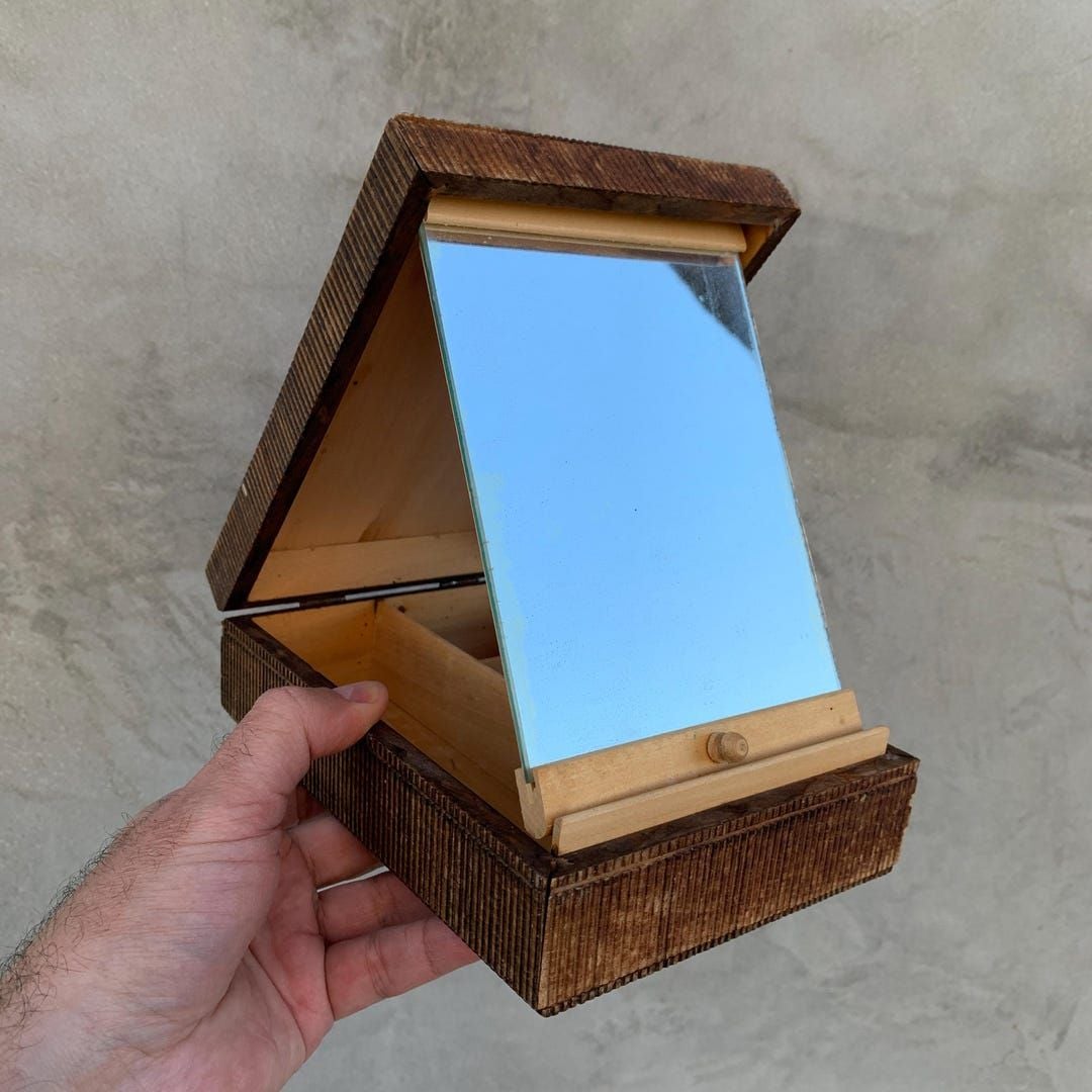 Vintage Wooden Shaving Box With Mirror