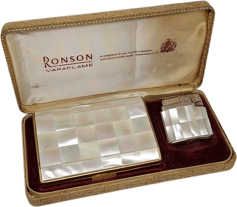 Vintage Ronson Mother of Pearl Cigarette Case and Lighter Set