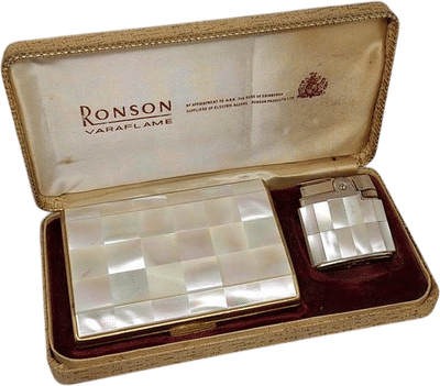 Vintage Ronson Mother of Pearl Cigarette Case and Lighter Set