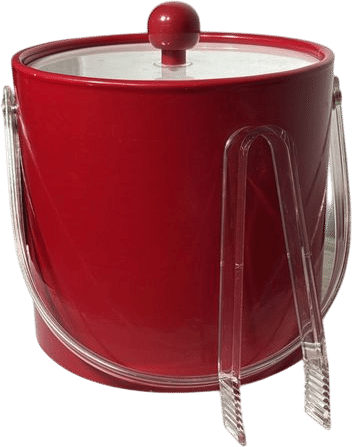 Vintage Red MCM Ice Bucket With Handle Lid Tongs Vinyl Acrylic Bar Ware Serving