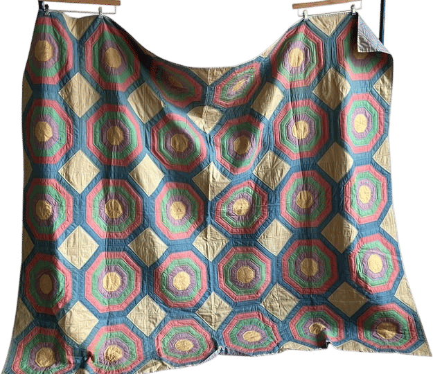 1940s Pastel Cotton Quilt Hand Sewn Concentrical Hexagon Pattern Pink Purple Yellow Blue 1930s 40s 30s