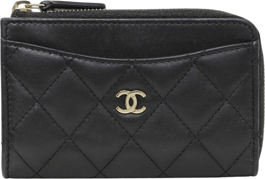 chanel black quilted lambskin CC zip around card holder