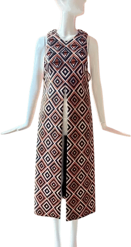 Prada 2012 Orange Black White Geometric Beaded Midi Dress Sleeveless V-Neck Slit