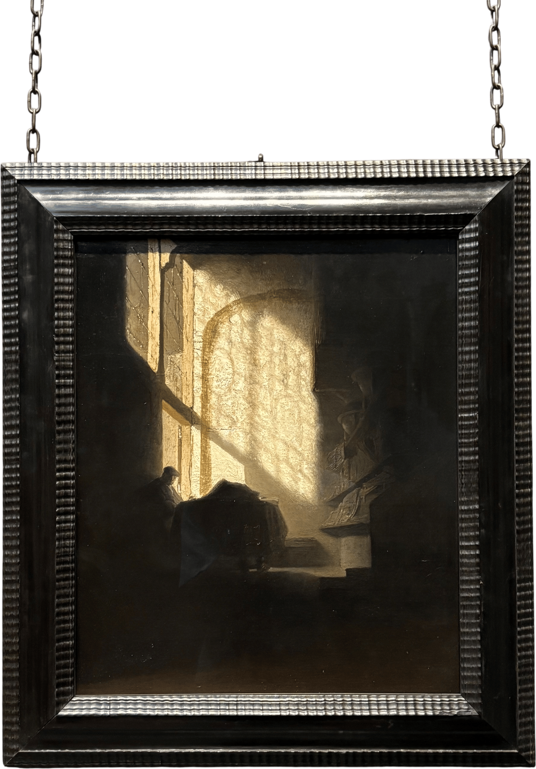 Un hombre sentado leyendo en una mesa en una habitación alta (seguidor de Rembrandt)