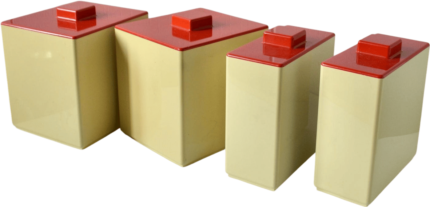 Vintage Retro 1980s Plastic Lidded Kitchen Canisters Set. Set of 4 Square Food Storage Container. Red Beige Postmodern Kitchen Counter Decor