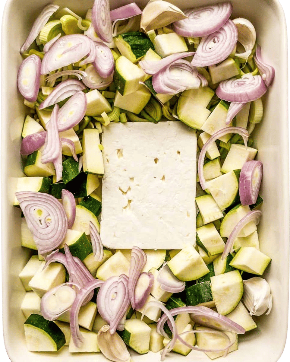 Baked feta pasta with zucchini and leeks