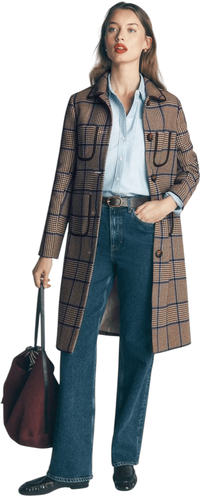 Patch Pocket Wool Blend Coat-Maroon, Teal Prince of Wales