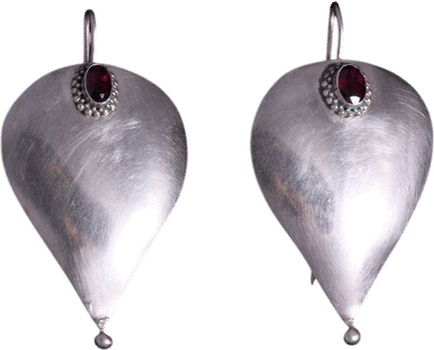 Sculptural Silver Drop Earrings with Garnet