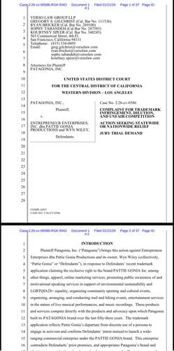 Patagonia, Inc. v. Pattie Productions and Wyn Wiley