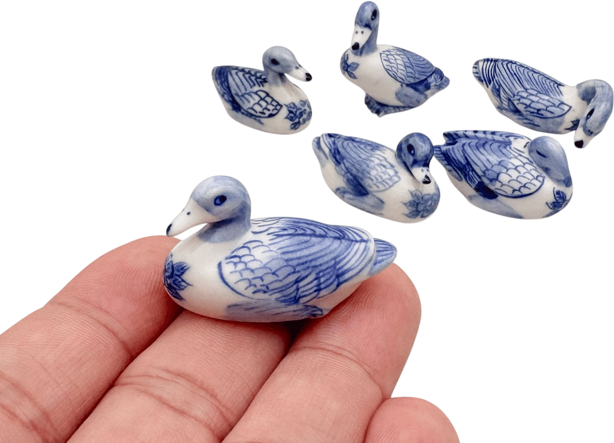 Mini Blue & White Porcelain Duck Figurines
