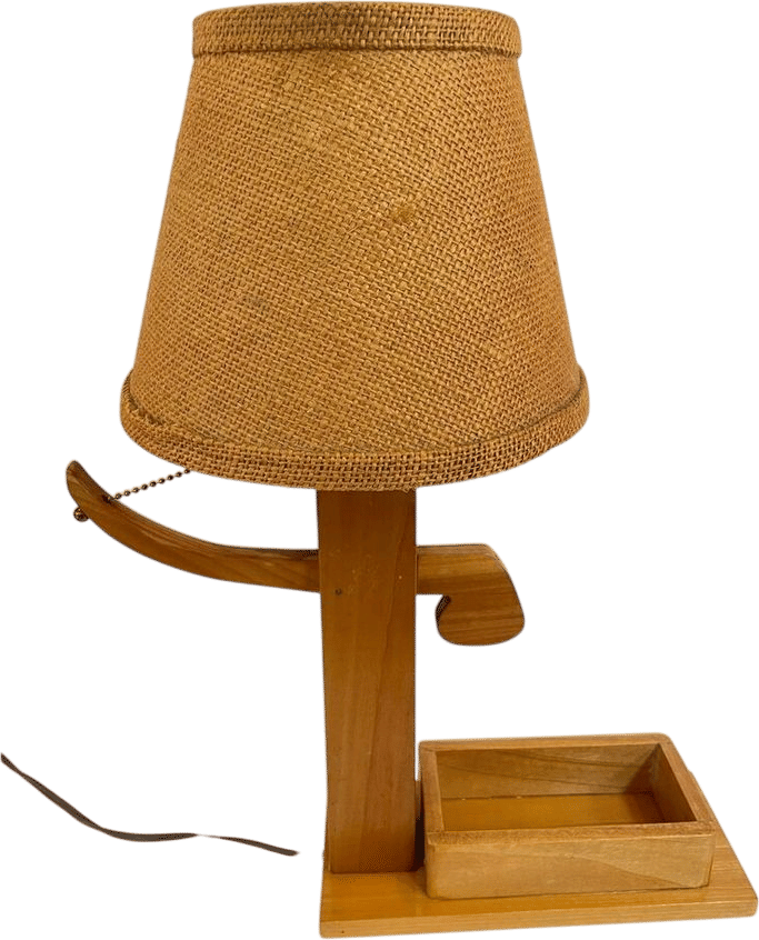 Vintage Wood Table Lamp With Lever and Tray, Folk Art Burlap Shade - Etsy
