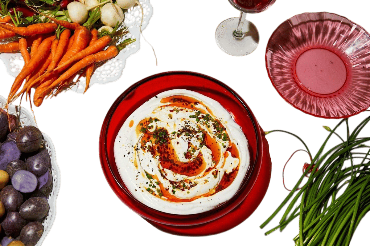 labne with sizzled scallions and chili oil
