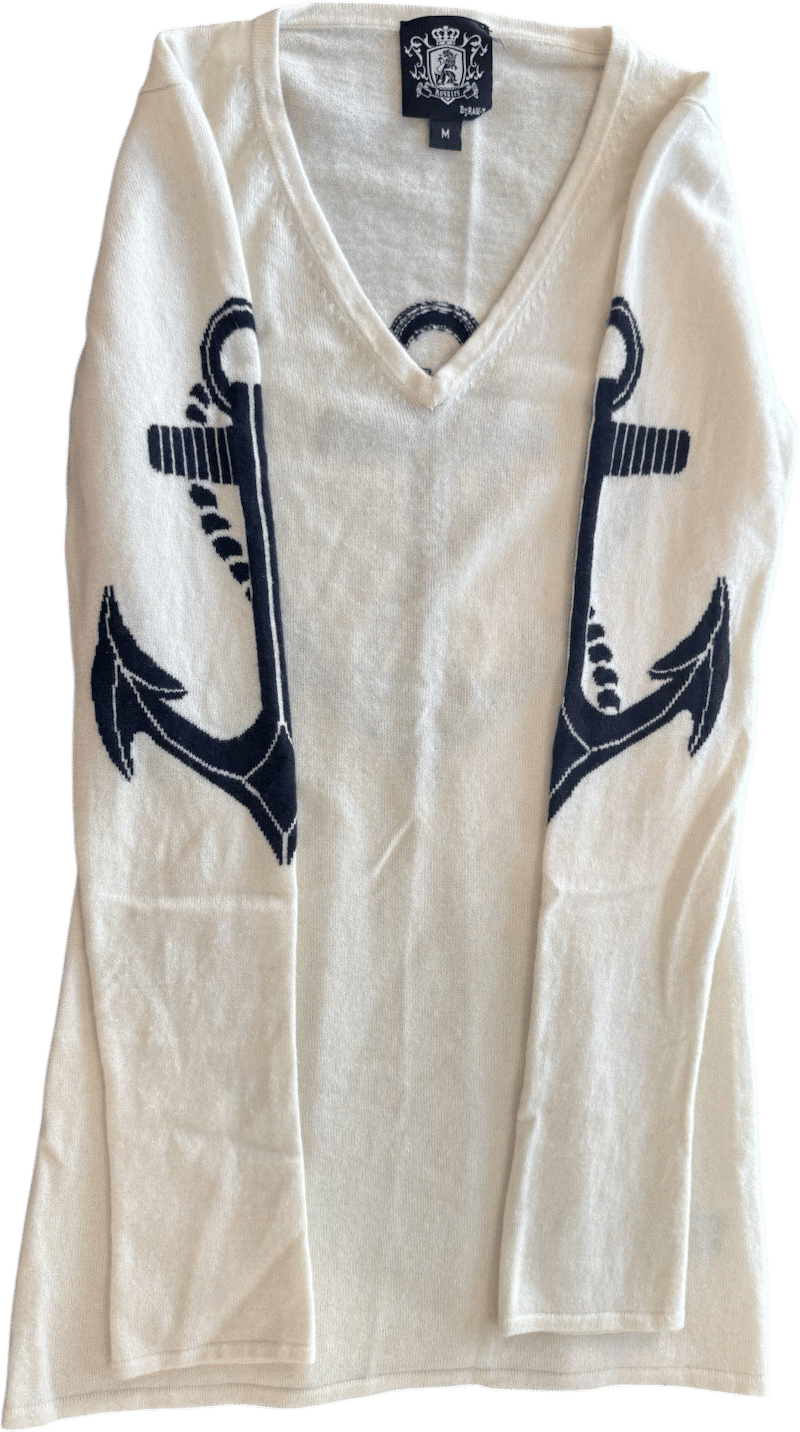 Raw 7 “Royalty” Nautical Anchor 100% cashmere y2k V-Neck Sweater — Medium