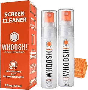 WHOOSH! Screen Shine Go 2-Pack – Two 1 fl oz Refillable Touchscreen Cleaners with Microfiber Cloths for Car, iPad, Laptop and Eyeglasses – Powerful Streak-Free Cleaning – Pocket-Sized, TSA-Approved