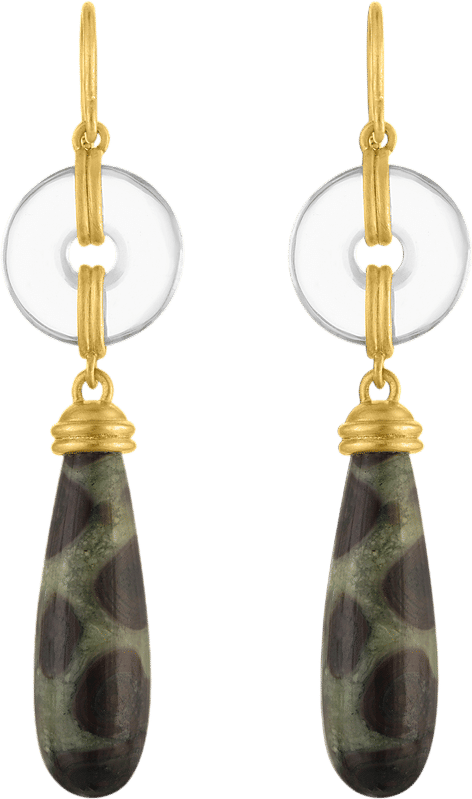 Prounis Jewelry Small Rock Crystal and Leopard Jasper Discus Drop Earrings