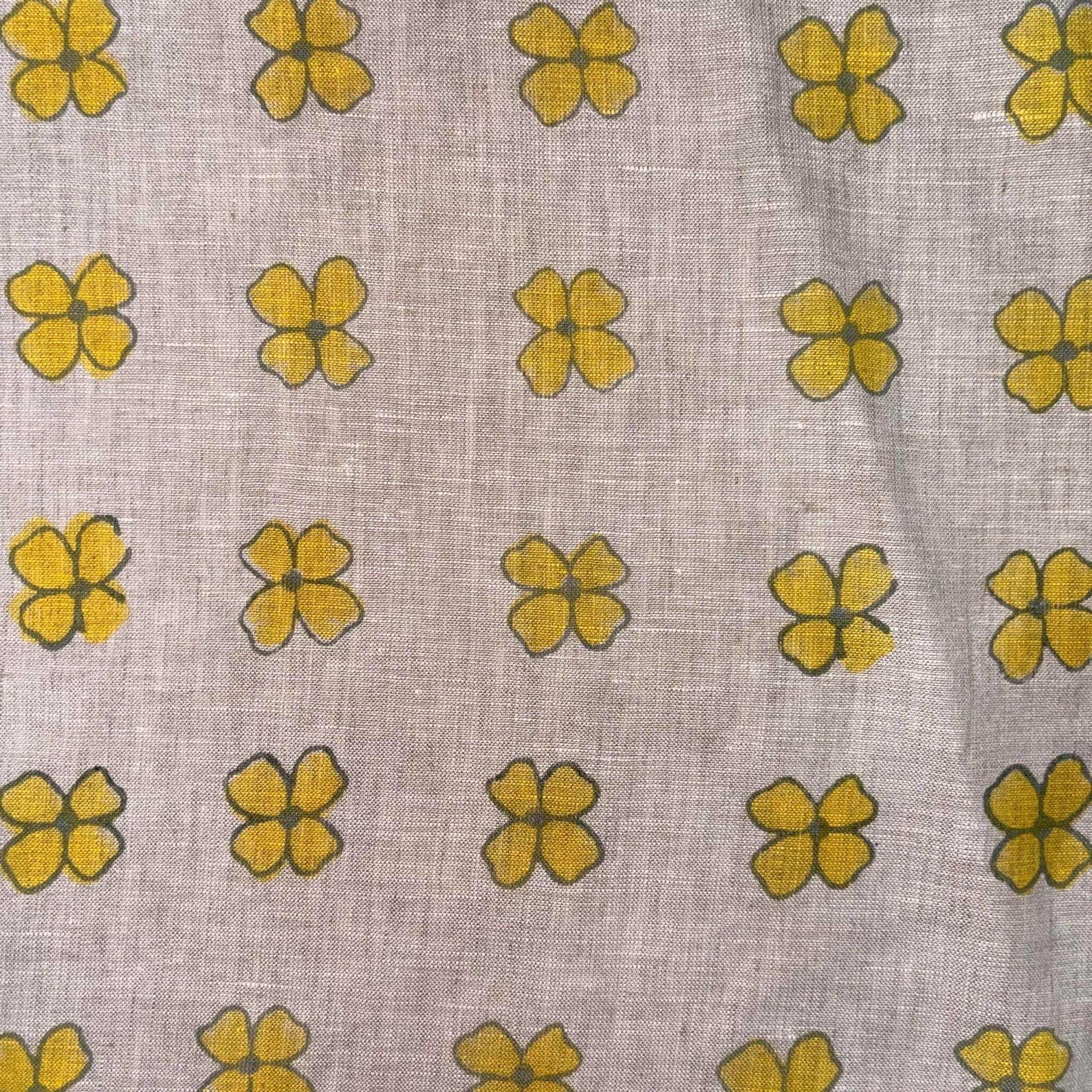Arisa Block Printed Linen Fabric, Mustard Yellow Floral Block Printed Linen Fabric for Sewing & Upholstery Use