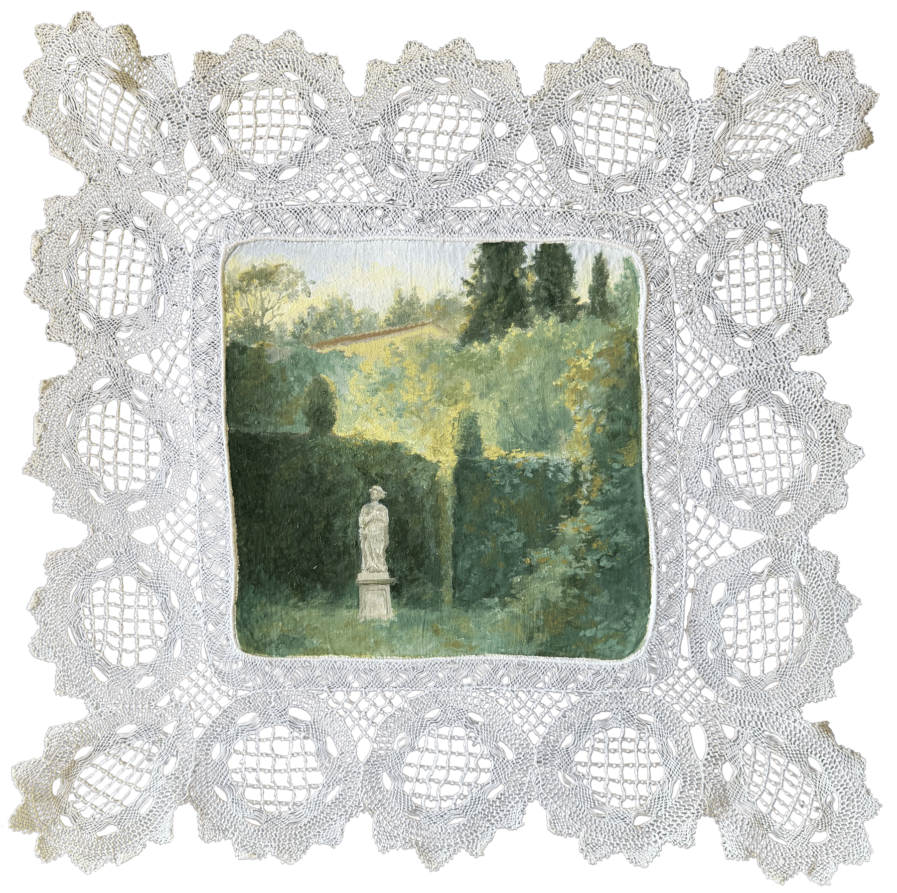 Garden scenes painted on vintage fabrics 🤗