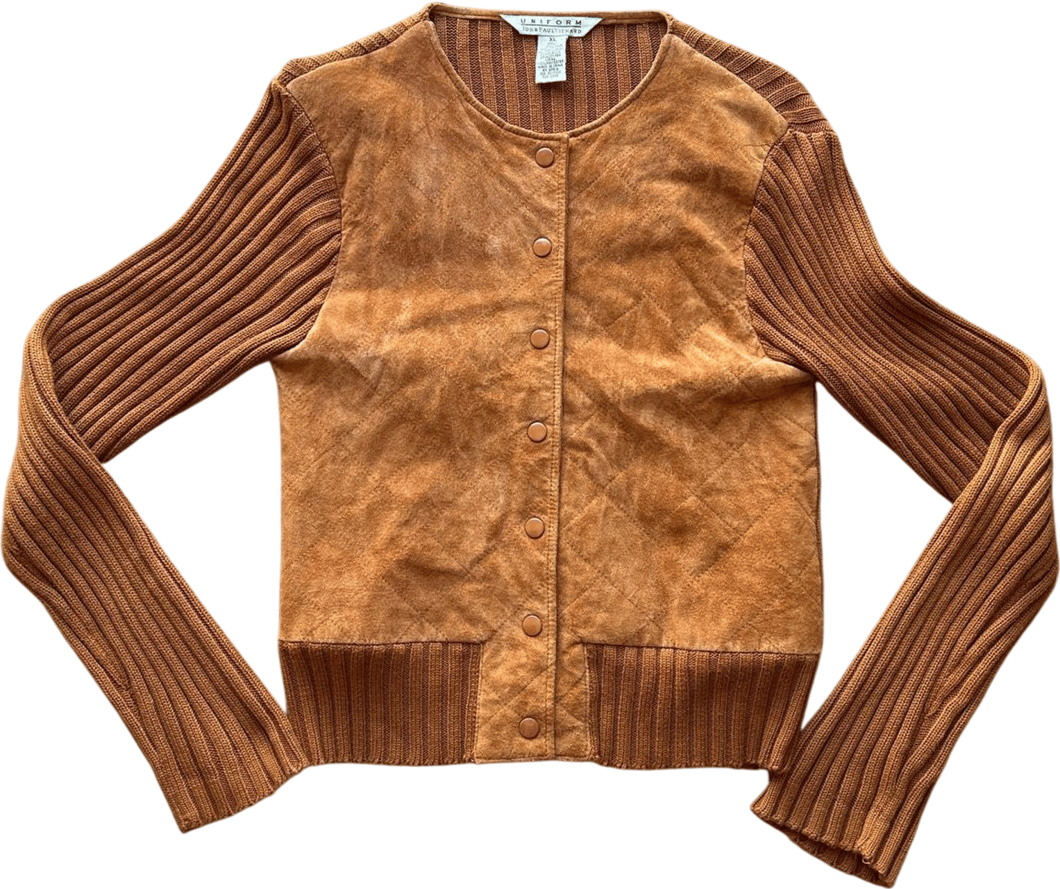 Y2K Ribbed Sweater w/ Leather Button Up - Fall fashion, Y2K Brown Sweater, Vintage Leather, Y2K Casual Sweater, Brown Button Up Sweater