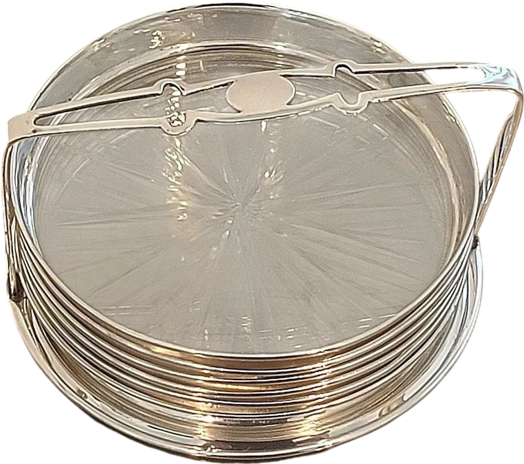 Vintage Sterling Silver & Crystal Coaster Set with Holder