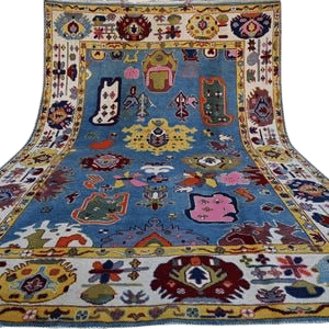 Handmade Oushak Rug 7x9 Afghan Hand Knotted Wool Rug- Turkish Pattern Beautiful Oushak Rug- Blue White Orange Green Yellow Living Room Rug