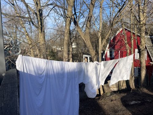 Putting laundry on the line while drinking your morning coffee