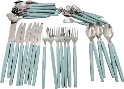 Vintage Flatware 44 pieces Atomic MCM Stainless Teal Green/Blue Plastic Handle