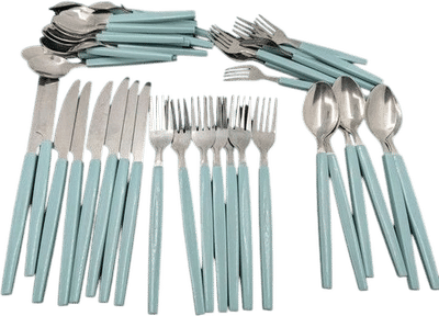 Vintage Mid-Century Modern Stainless Teal Green/Blue Plastic Handle Flatware