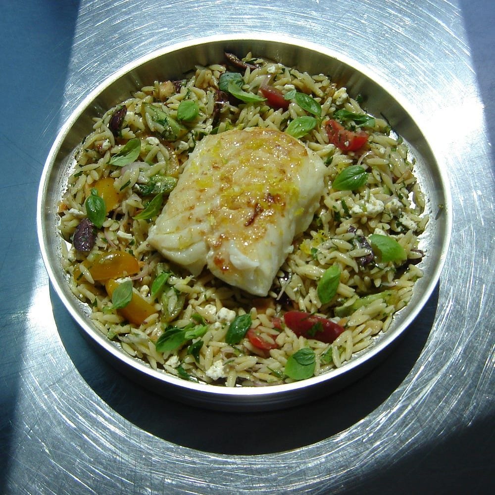 Lemony Cod + Orzo Salad Recipe